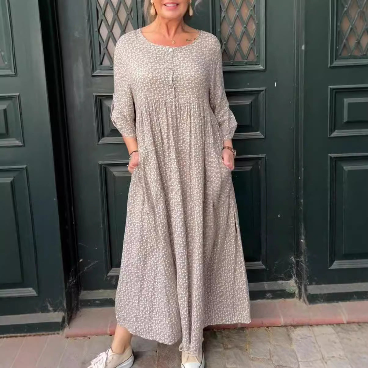 Ave Franco™ Dámské šaty s knoflíkovým zapínáním, 3/4 rukávy a puntíkovaným vzorem