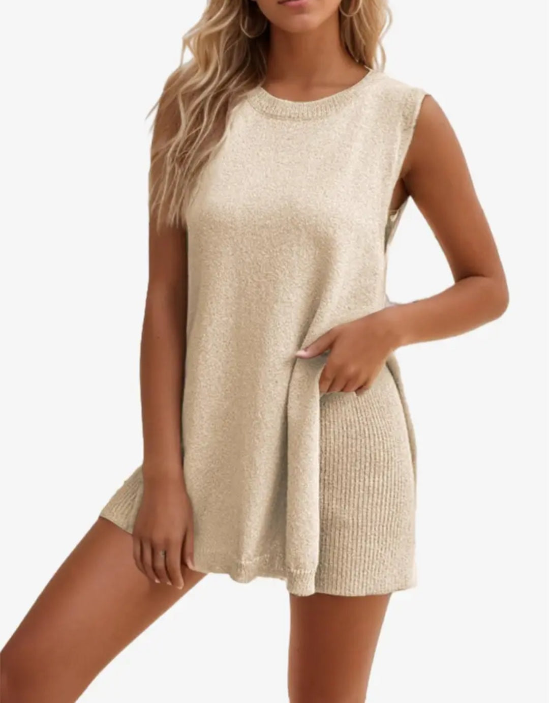 Vanessa Lucidi™ Volná ležérní vesta šortky s kulatým výstřihem pletený kostým