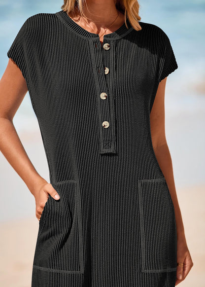 Guenda Manzo™ Pletené maxi šaty s krátkými rukávy a knoflíky