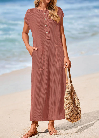 Guenda Manzo™ Pletené maxi šaty s krátkými rukávy a knoflíky