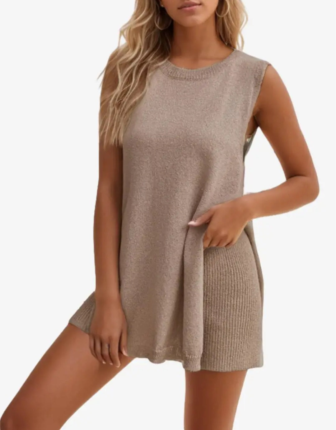 Vanessa Lucidi™ Volná ležérní vesta šortky s kulatým výstřihem pletený kostým